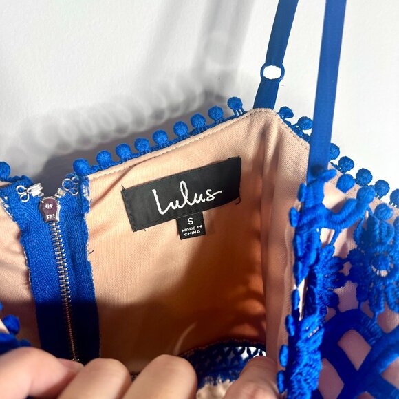 Lulus Beauty and Lace Royal Blue and Nude Crochet Lace Mini Dress Coquette Sz S - Picture 6 of 8
